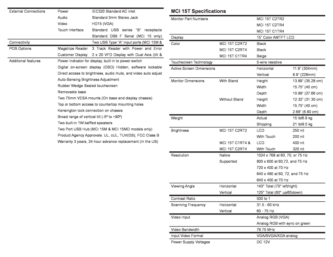 Preh manual MCI 15T Specifications 