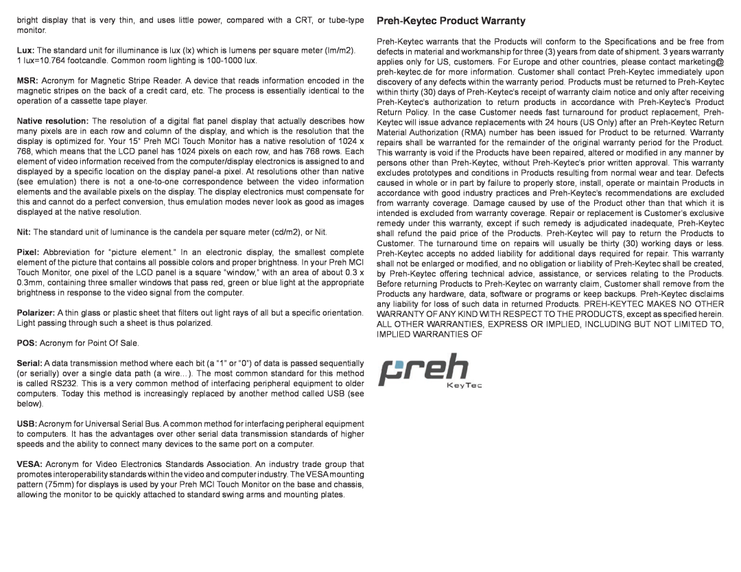 Preh MCI 15T manual Preh-Keytec Product Warranty 