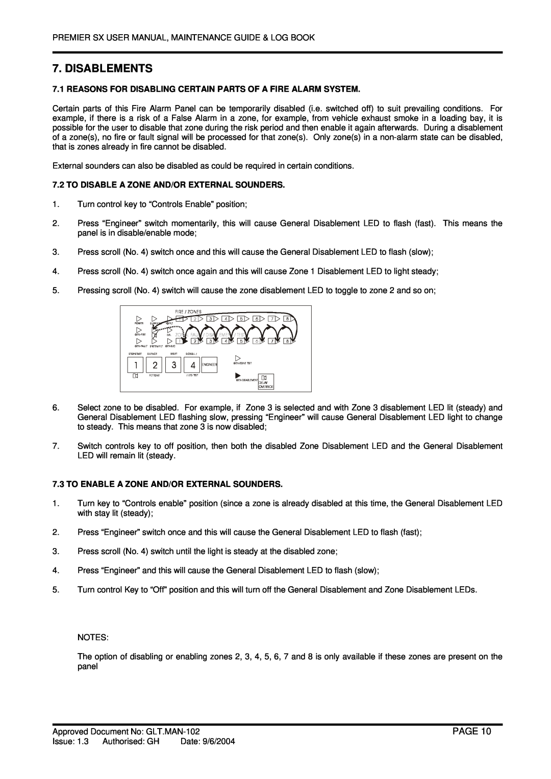 Premier Fire Alarm Control Panel user manual Disablements, Page, To Disable A Zone And/Or External Sounders 
