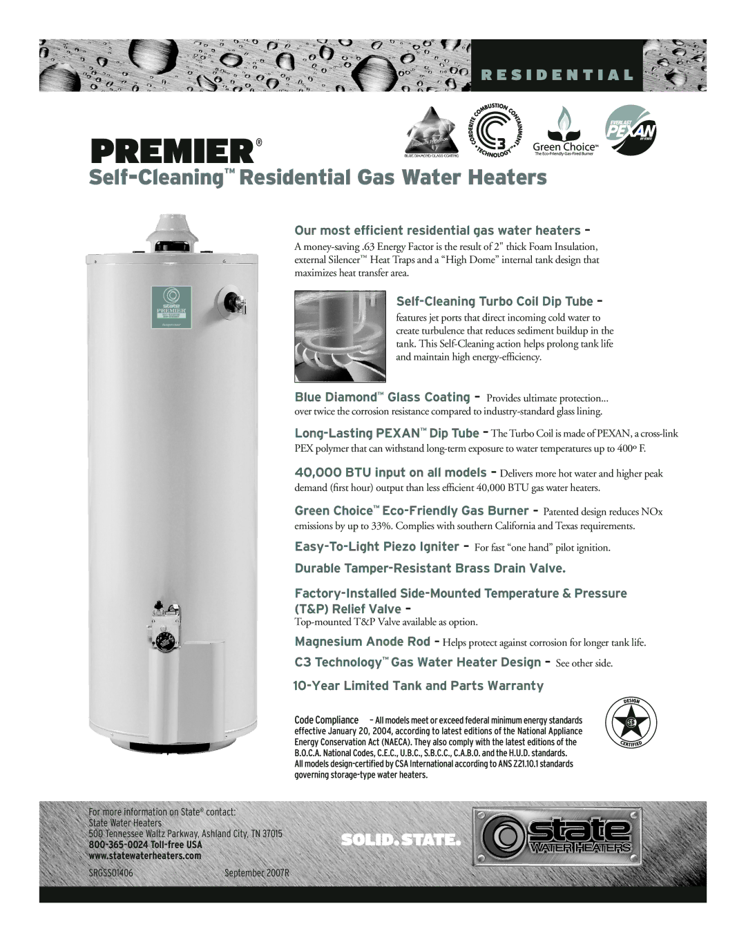 Premier GPX 40 YXRT G warranty Premier, Self-CleaningResidential Gas Water Heaters, Self-Cleaning Turbo Coil Dip Tube 