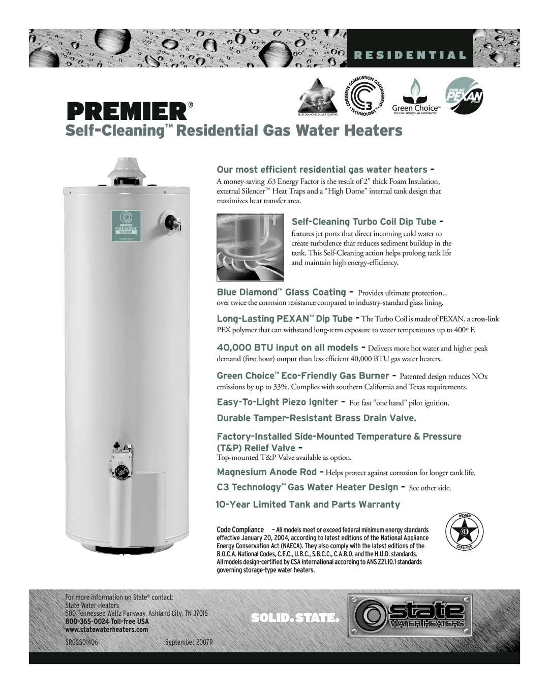 Premier GPX 40 YXRT G, GPX 40 HXRT warranty Premier, Self-Cleaning Residential Gas Water Heaters, R E S I D E N T I A L 