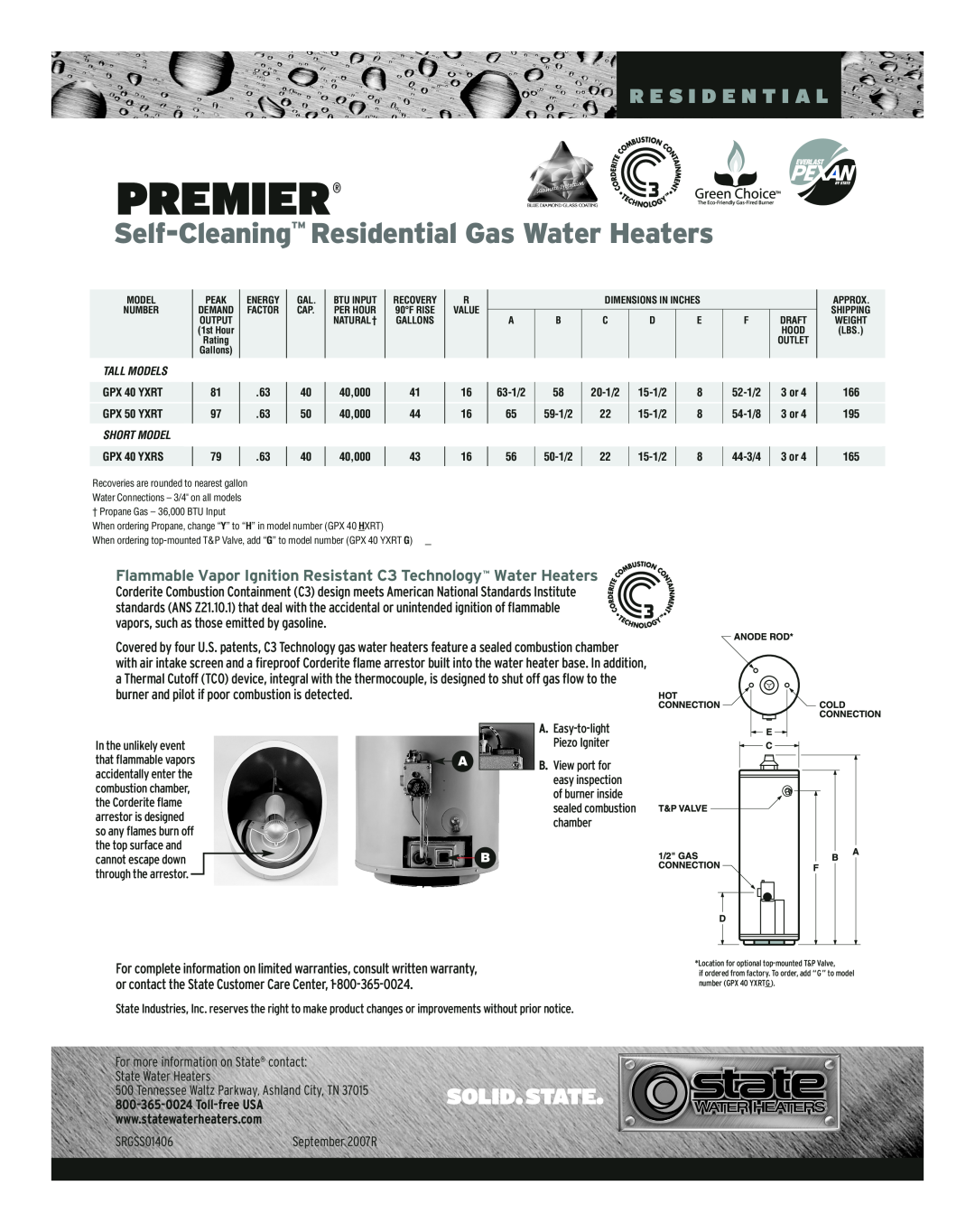 Premier GPX 40 HXRT Premier, Self-Cleaning Residential Gas Water Heaters, R E S I D E N T I A L, SRGSS01406, Tall Models 