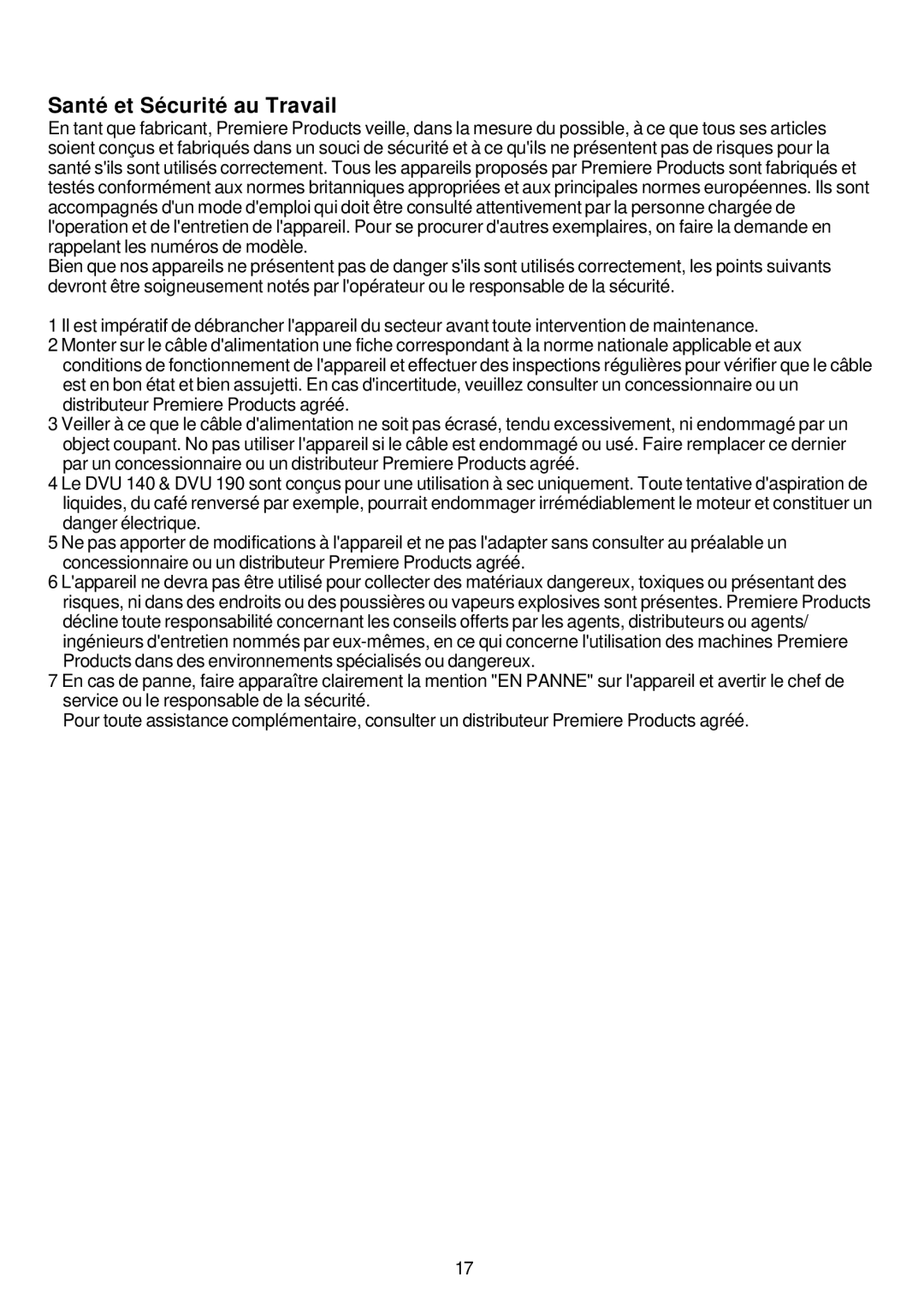 Premier HV 15, HV 17, HV 13 operating instructions Santé et Sécurité au Travail 