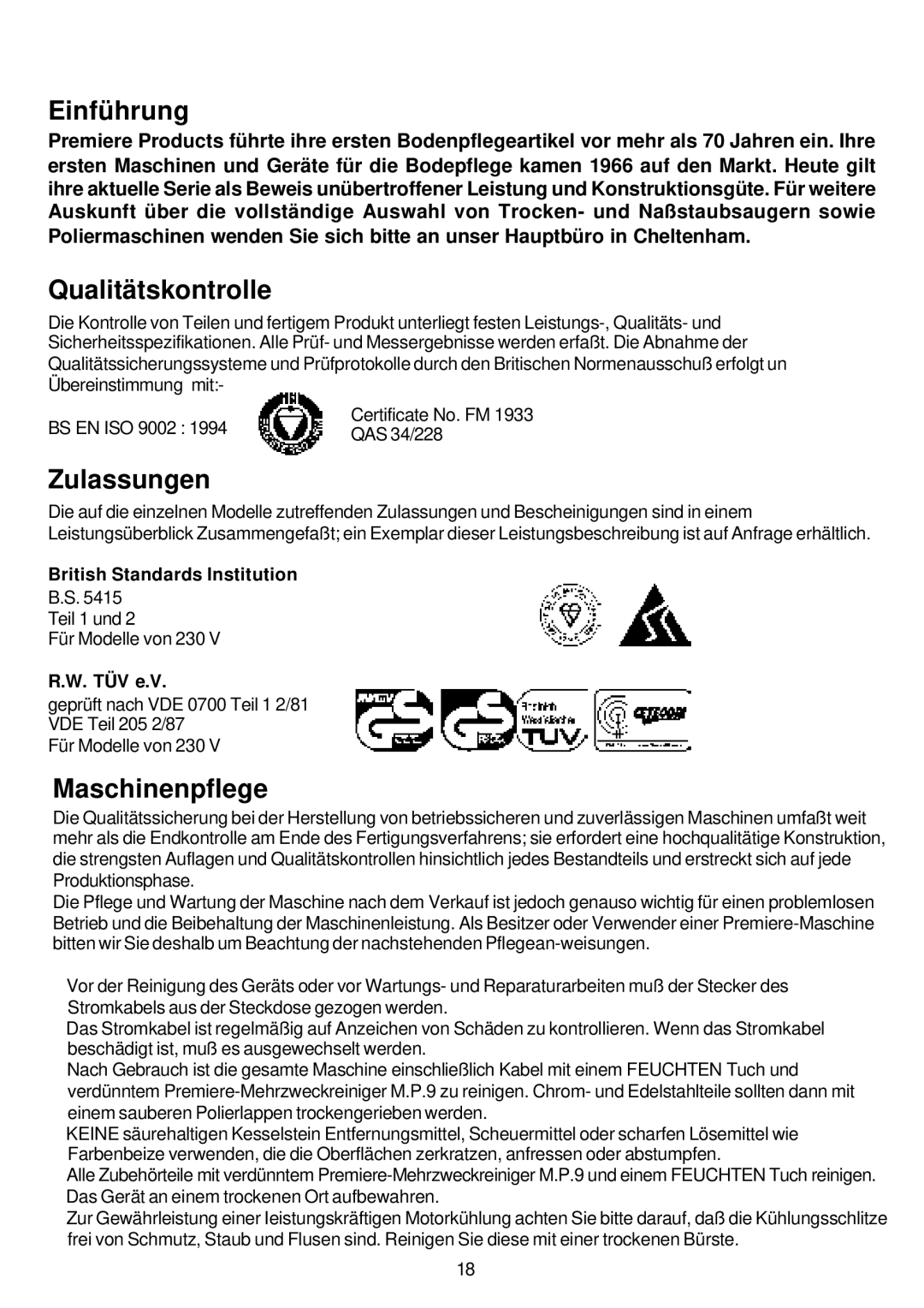 Premier HV 17, HV 13, HV 15 operating instructions Einführung, Qualitätskontrolle, Zulassungen, Maschinenpflege 