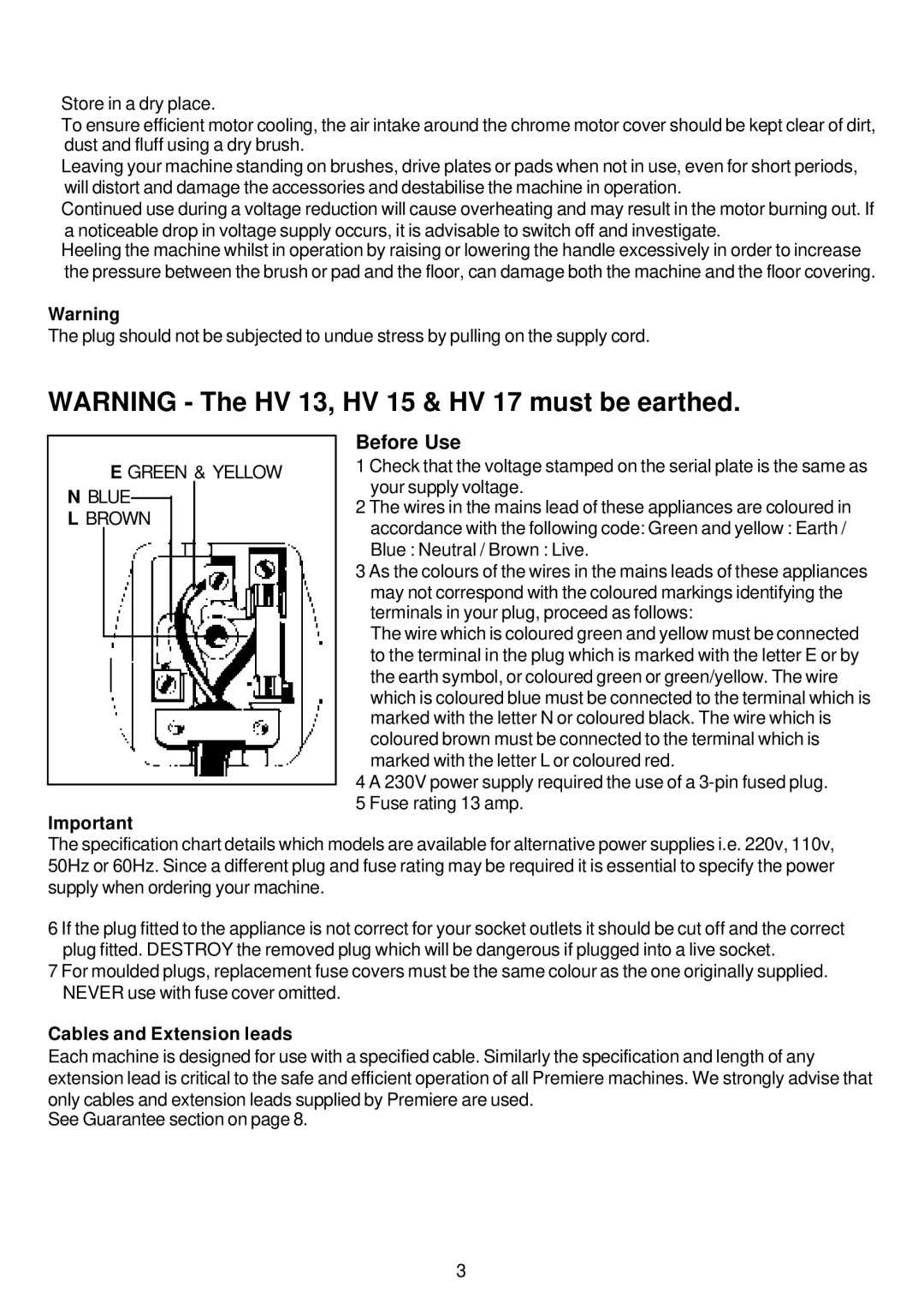 Premier HV 17, HV 13, HV 15 operating instructions Before Use, Cables and Extension leads 