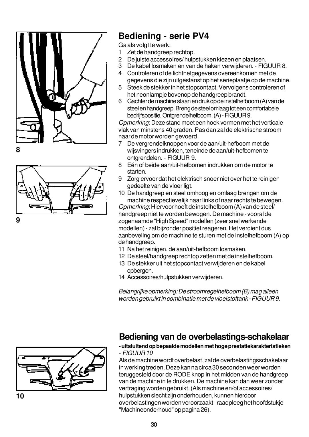 Premier HV 17, HV 13, HV 15 operating instructions Bediening serie PV4, Bediening van de overbelastings-schakelaar 