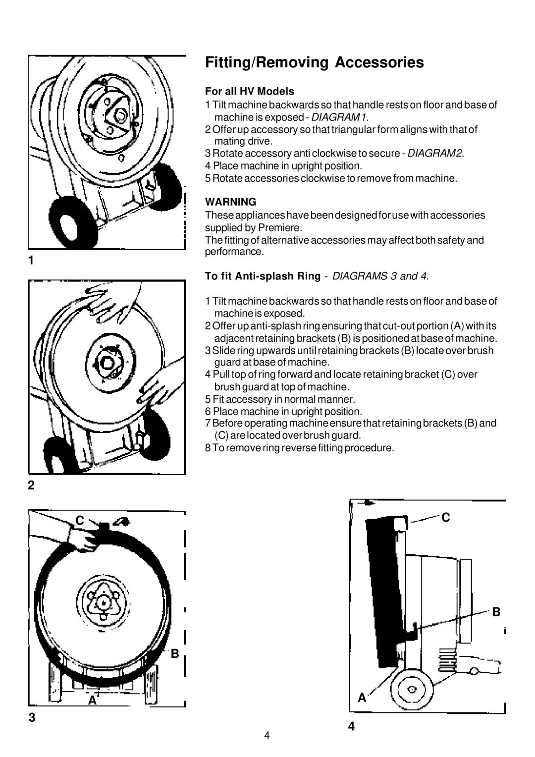 Premier HV 13, HV 17, HV 15 Fitting/Removing Accessories, For all HV Models, To fit Anti-splash Ring Diagrams 3 