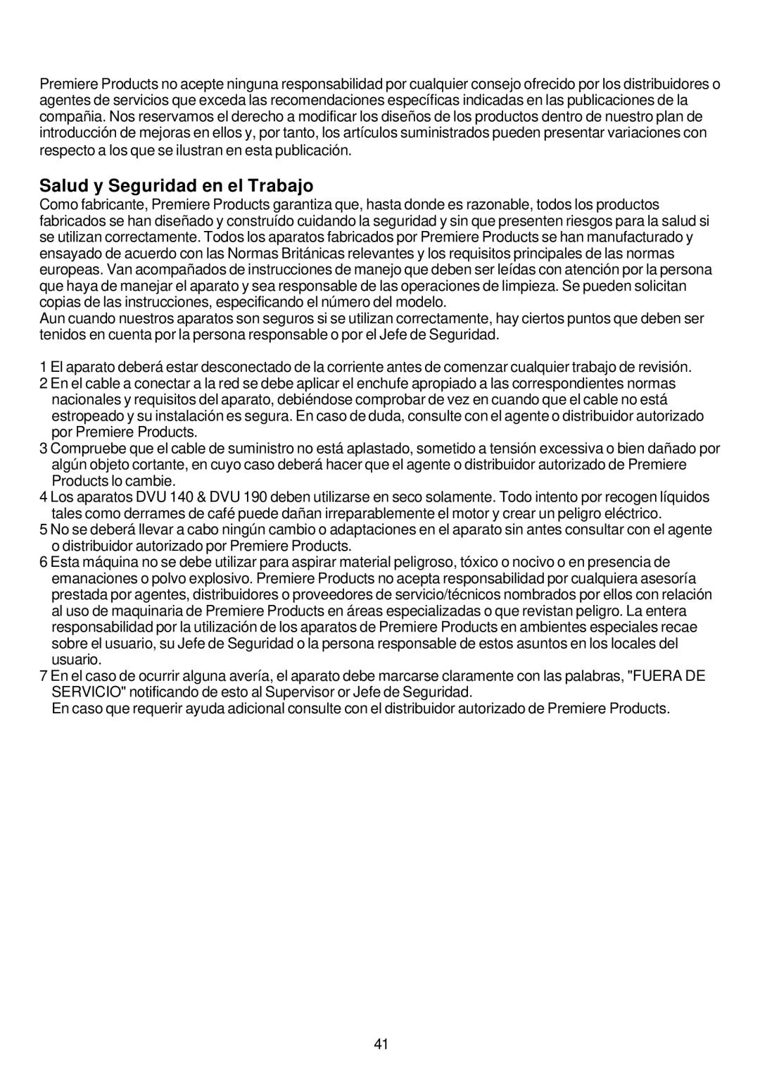 Premier HV 15, HV 17, HV 13 operating instructions Salud y Seguridad en el Trabajo 