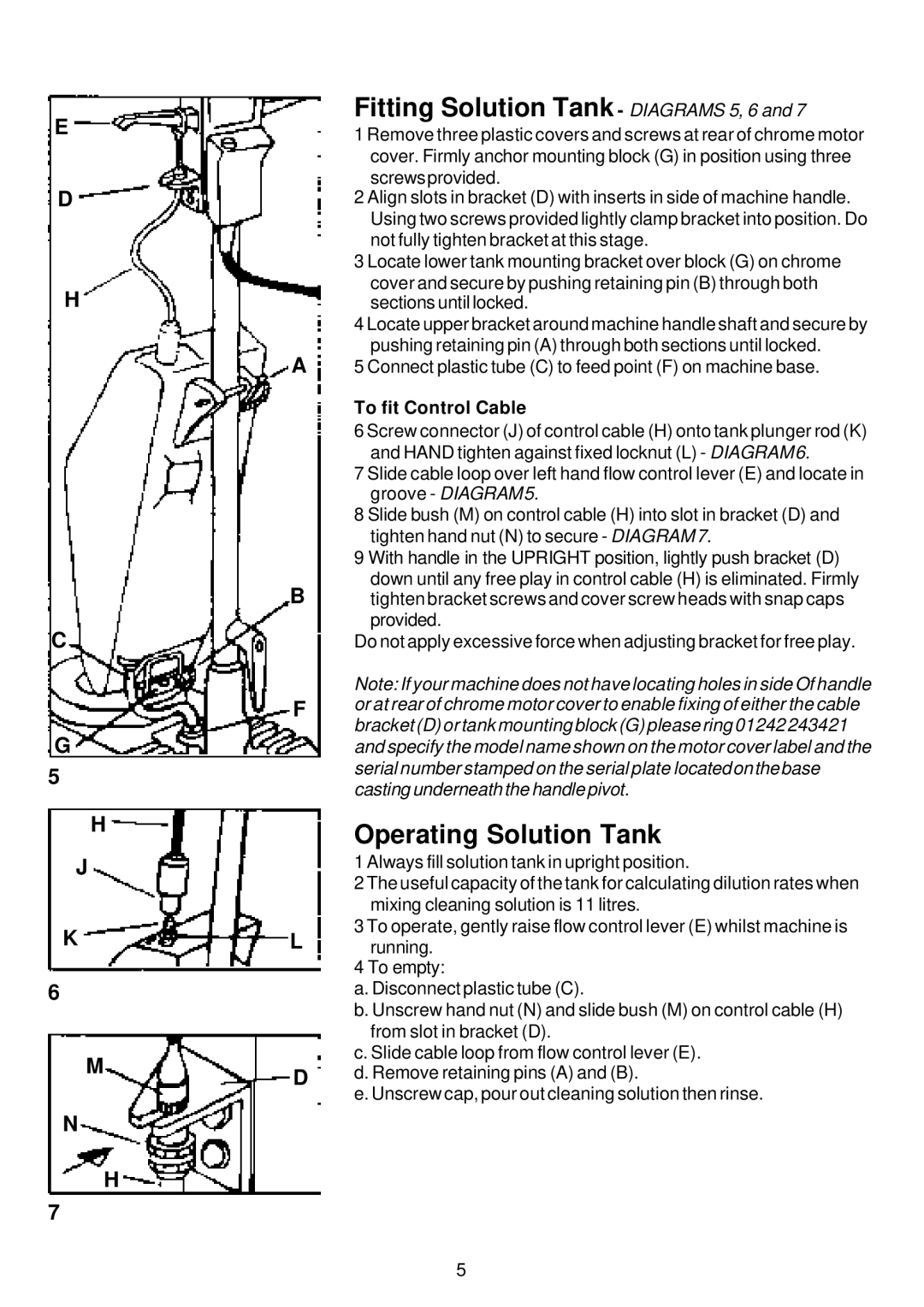 Premier HV 15, HV 17, HV 13 Fitting Solution Tank Diagrams 5, 6, Operating Solution Tank, To fit Control Cable 