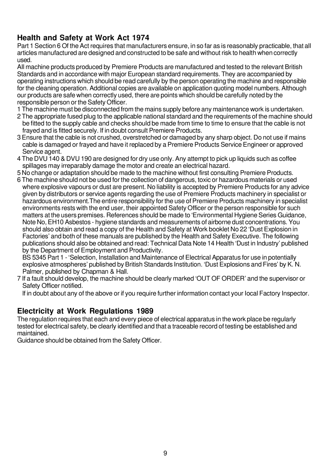 Premier HV 17, HV 13, HV 15 operating instructions HeaIth and Safety at Work Act, Electricity at Work Regulations 