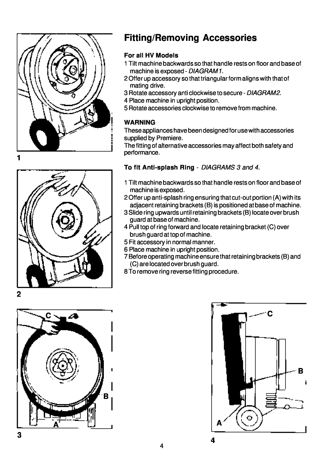 Premier HV 13, HV 17 Fitting/Removing Accessories, Cc B B Aa, For all HV Models, To fit Anti-splash Ring - DIAGRAMS 3 and 