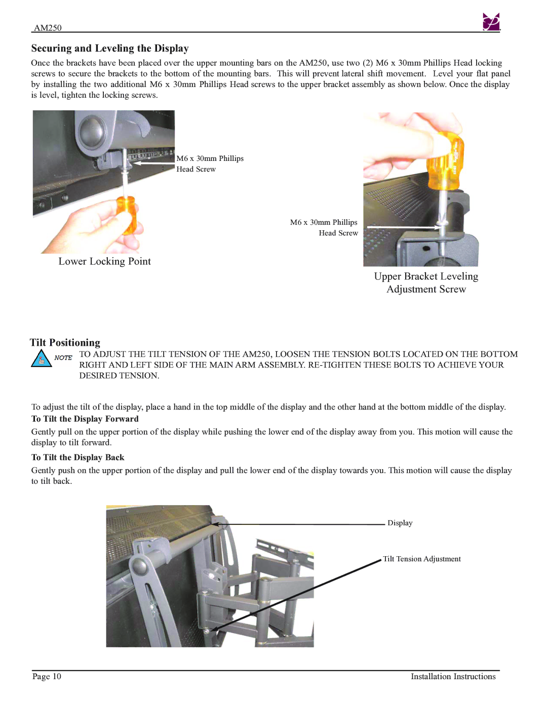 Premier Mounts AM250-FLIP installation instructions Securing and Leveling the Display, Tilt Positioning 