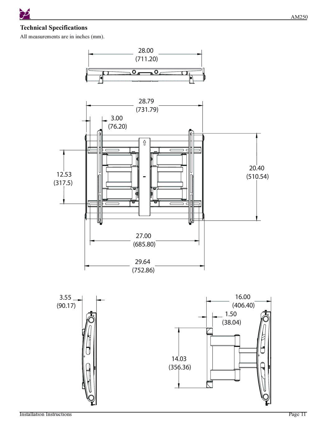 Premier Mounts AM250-FLIP installation instructions 90.17 406.40 38.04 14.03 356.36, Technical Specifications 