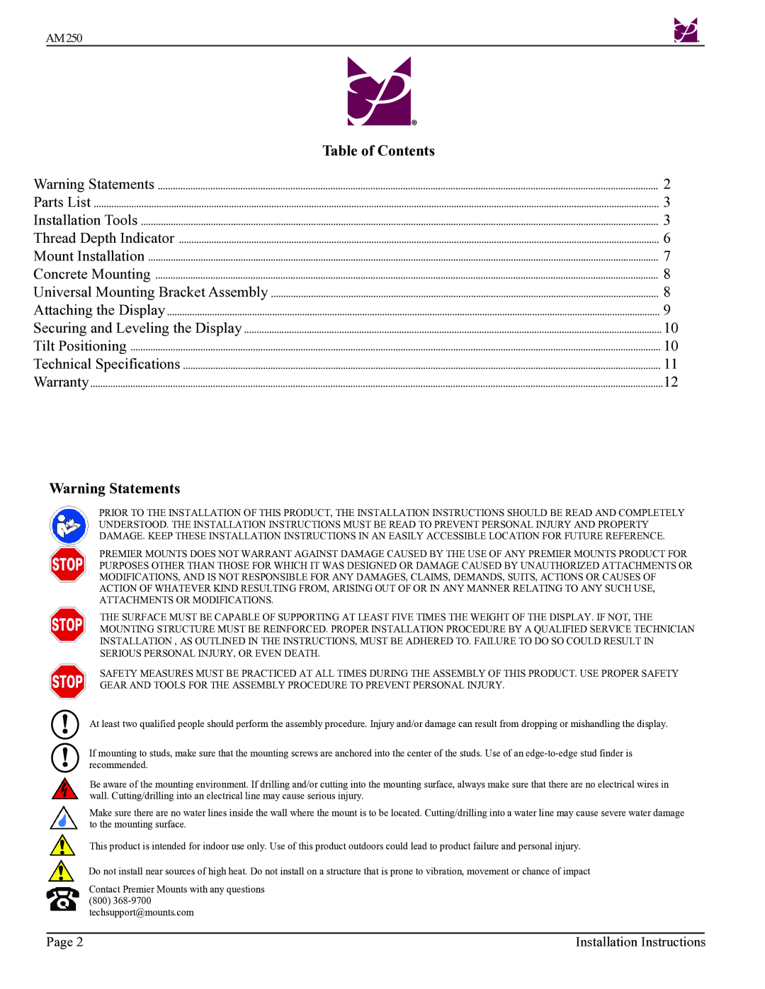 Premier Mounts AM250-FLIP installation instructions Table of Contents 