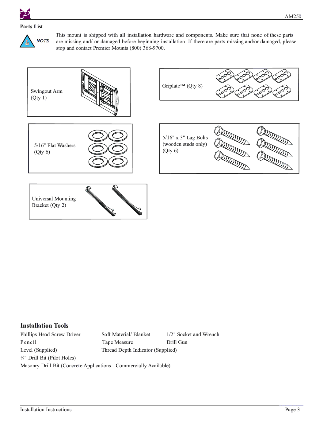 Premier Mounts AM250-FLIP installation instructions Installation Tools, Parts List 