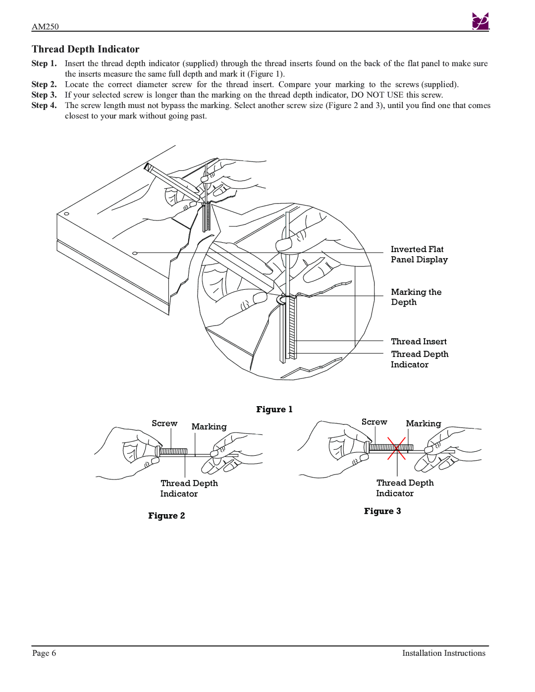 Premier Mounts AM250-FLIP installation instructions Thread Depth Indicator 