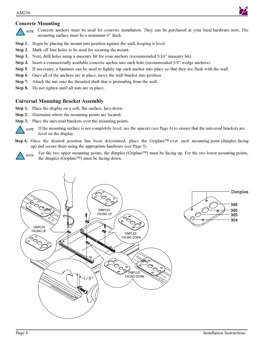 Premier Mounts AM250-FLIP installation instructions Concrete Mounting, Universal Mounting Bracket Assembly 