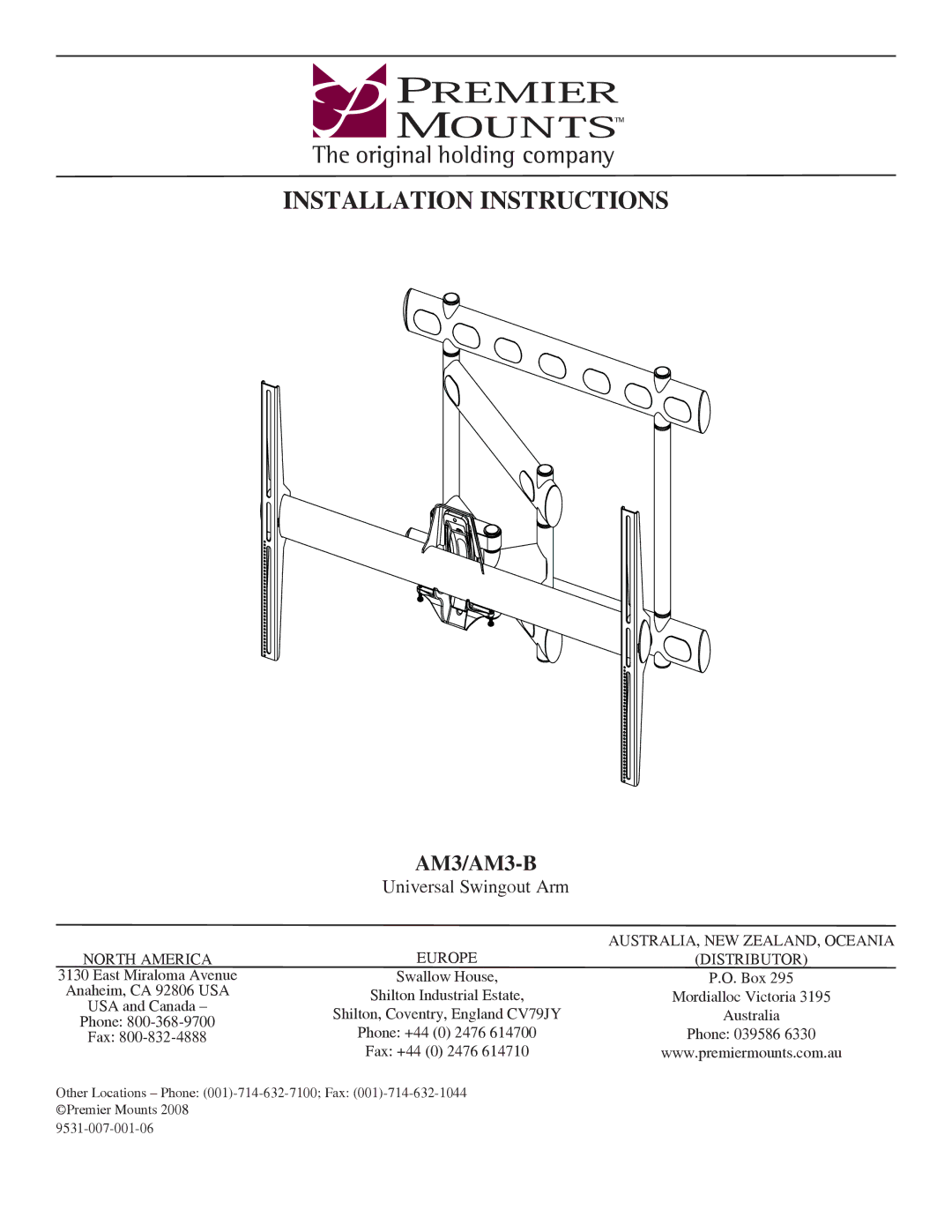 Premier Mounts AM3-B installation instructions Installation Instructions 