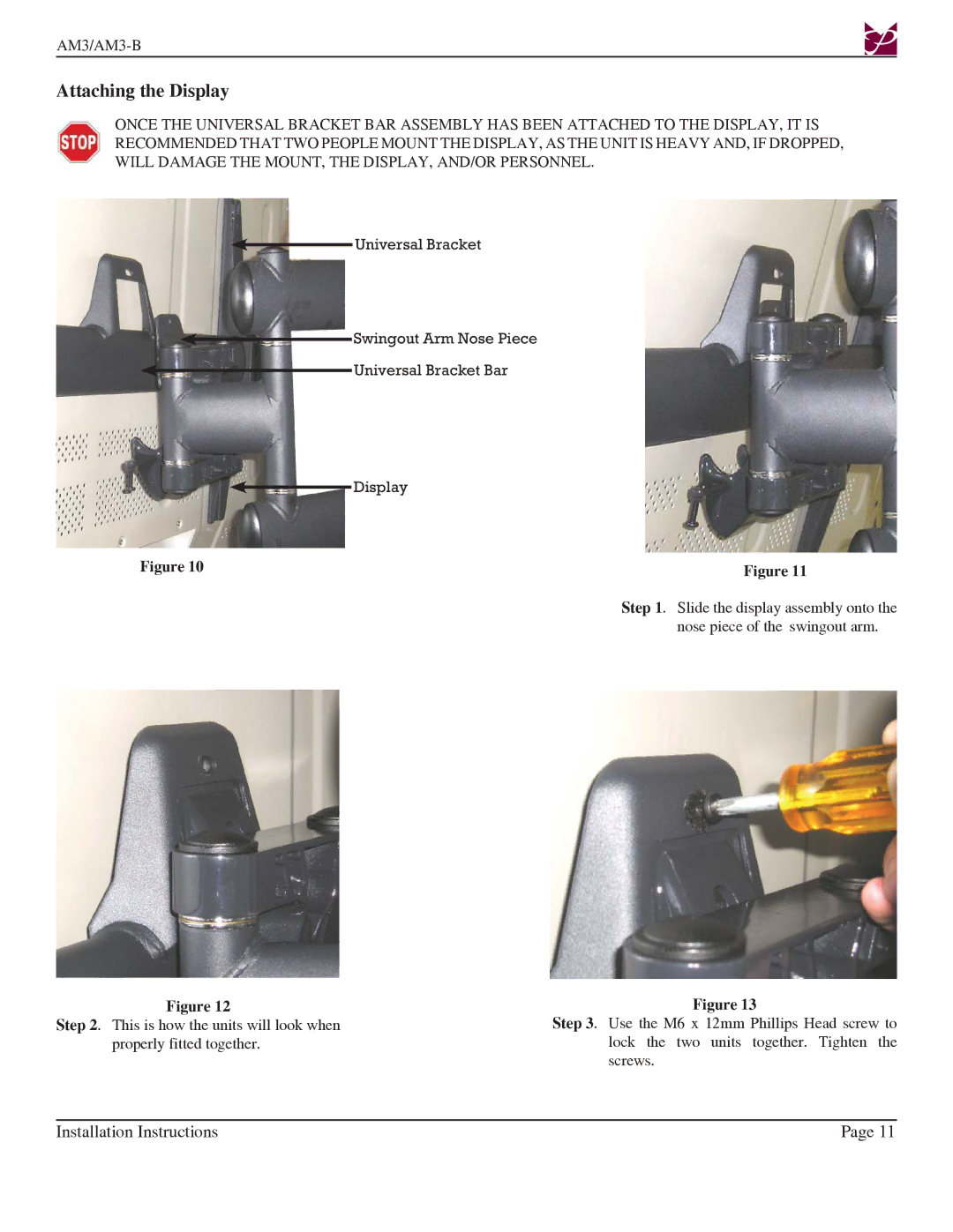 Premier Mounts AM3-B installation instructions Attaching the Display 