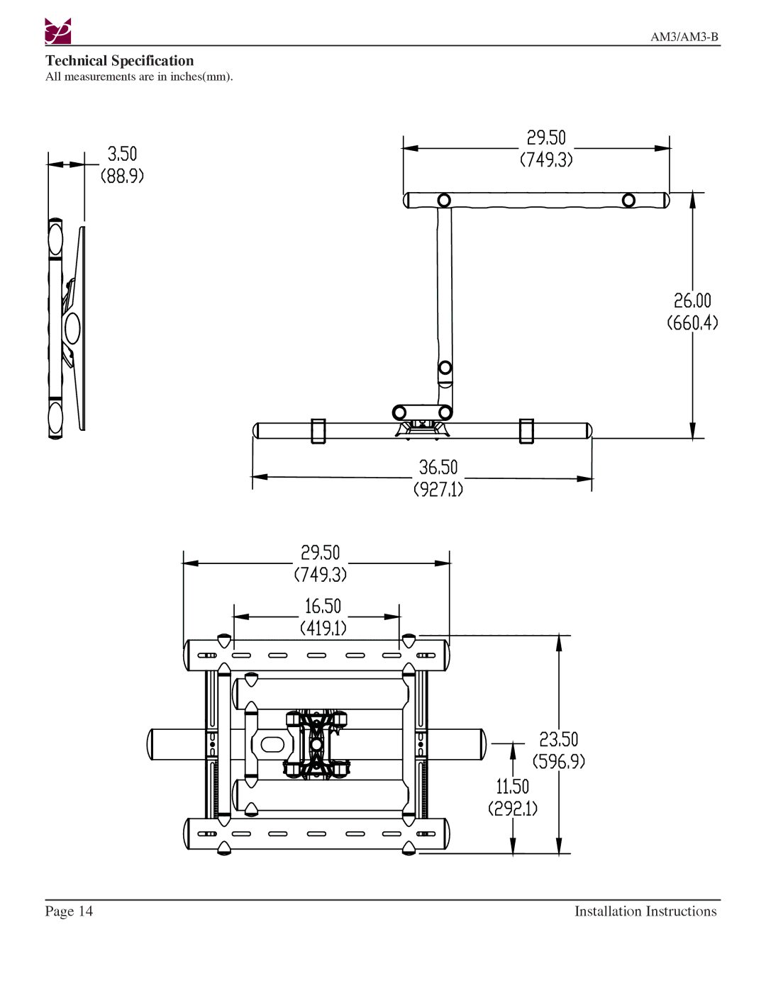 Premier Mounts AM3-B installation instructions Technical Specification 