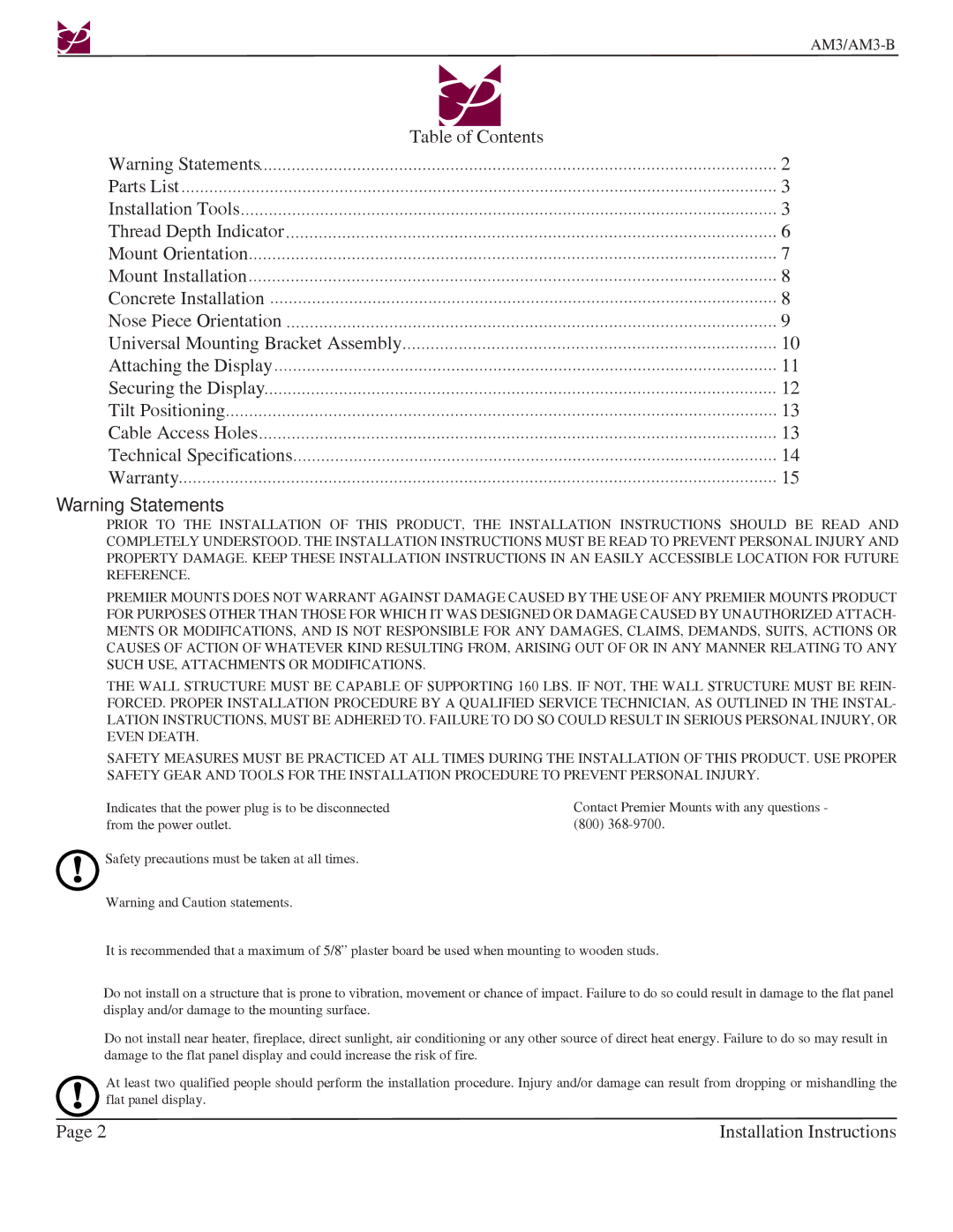 Premier Mounts AM3-B installation instructions Table of Contents 