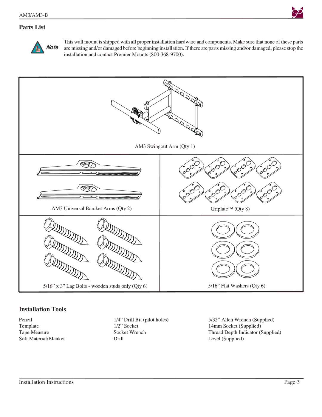 Premier Mounts AM3-B installation instructions Parts List, Installation Tools 