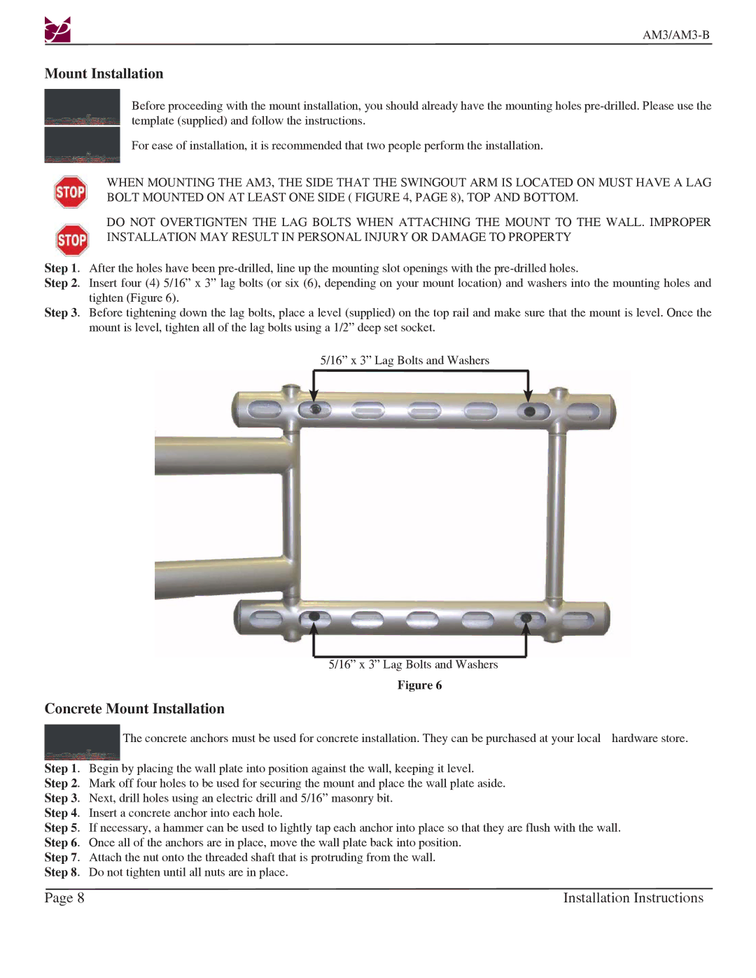 Premier Mounts AM3-B installation instructions Concrete Mount Installation 