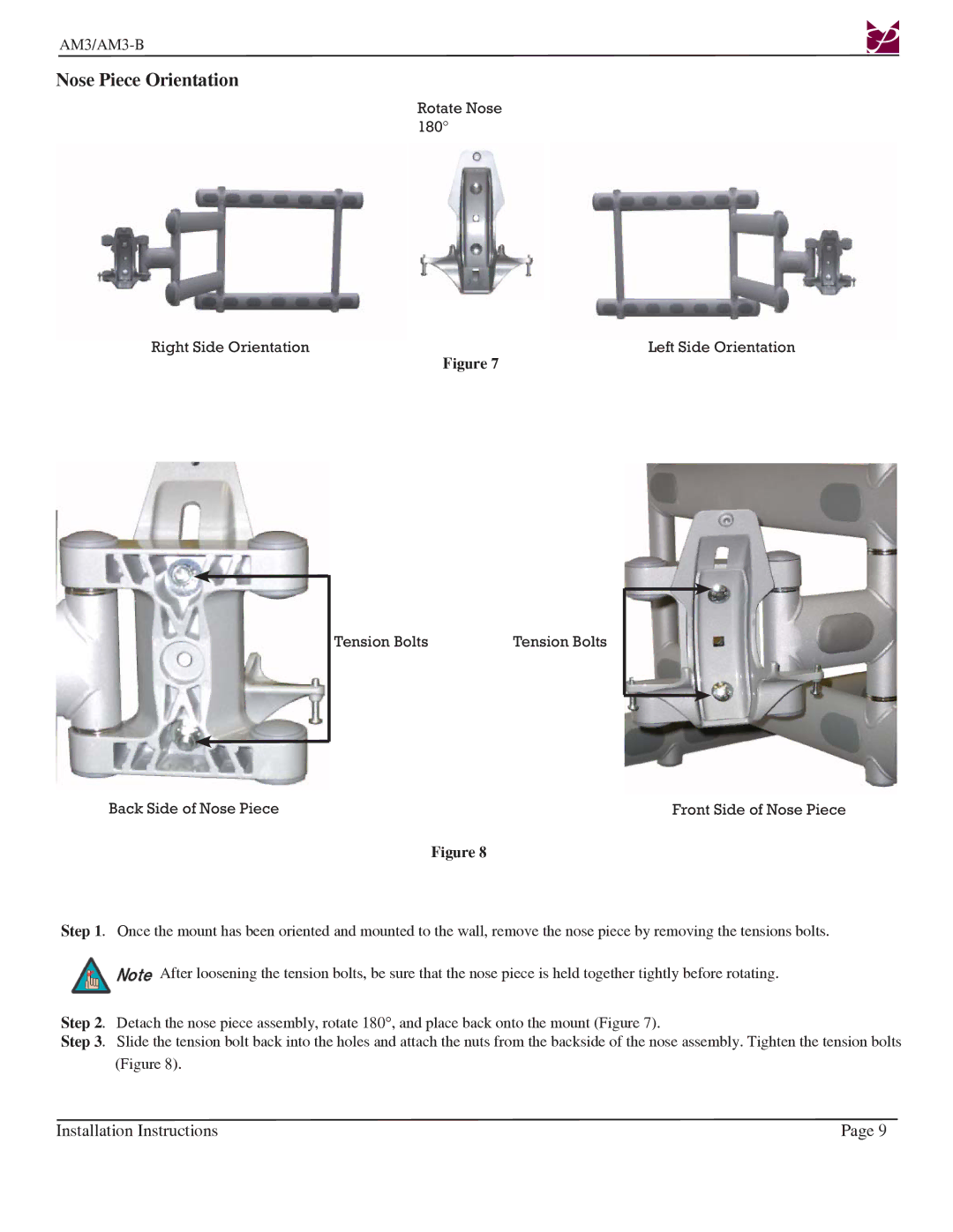 Premier Mounts AM3-B installation instructions Nose Piece Orientation 