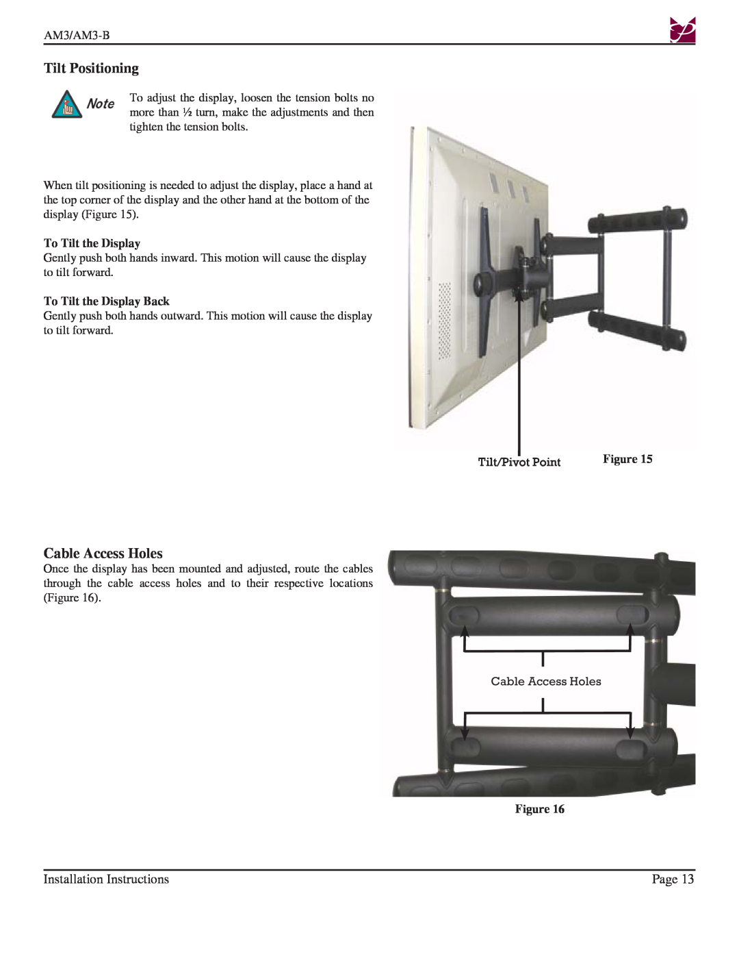 Premier Mounts AM3-B Tilt Positioning, Cable Access Holes, Installation Instructions, Page, To Tilt the Display 