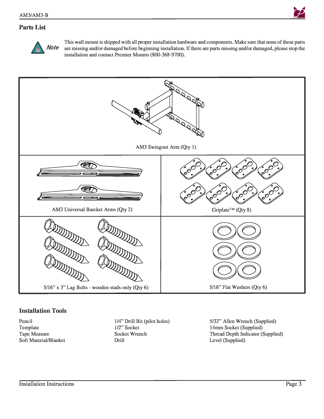 Premier Mounts AM3-B installation instructions Parts List, Installation Tools, Installation Instructions, Page 