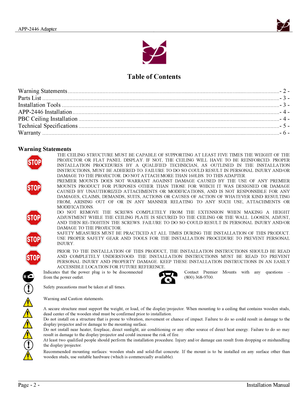 Premier Mounts APP-2446 installation instructions Table of Contents 