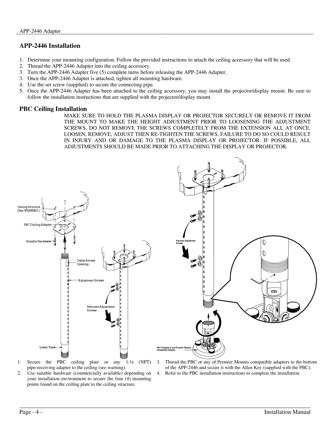 Premier Mounts installation instructions APP-2446 Installation, PBC Ceiling Installation 