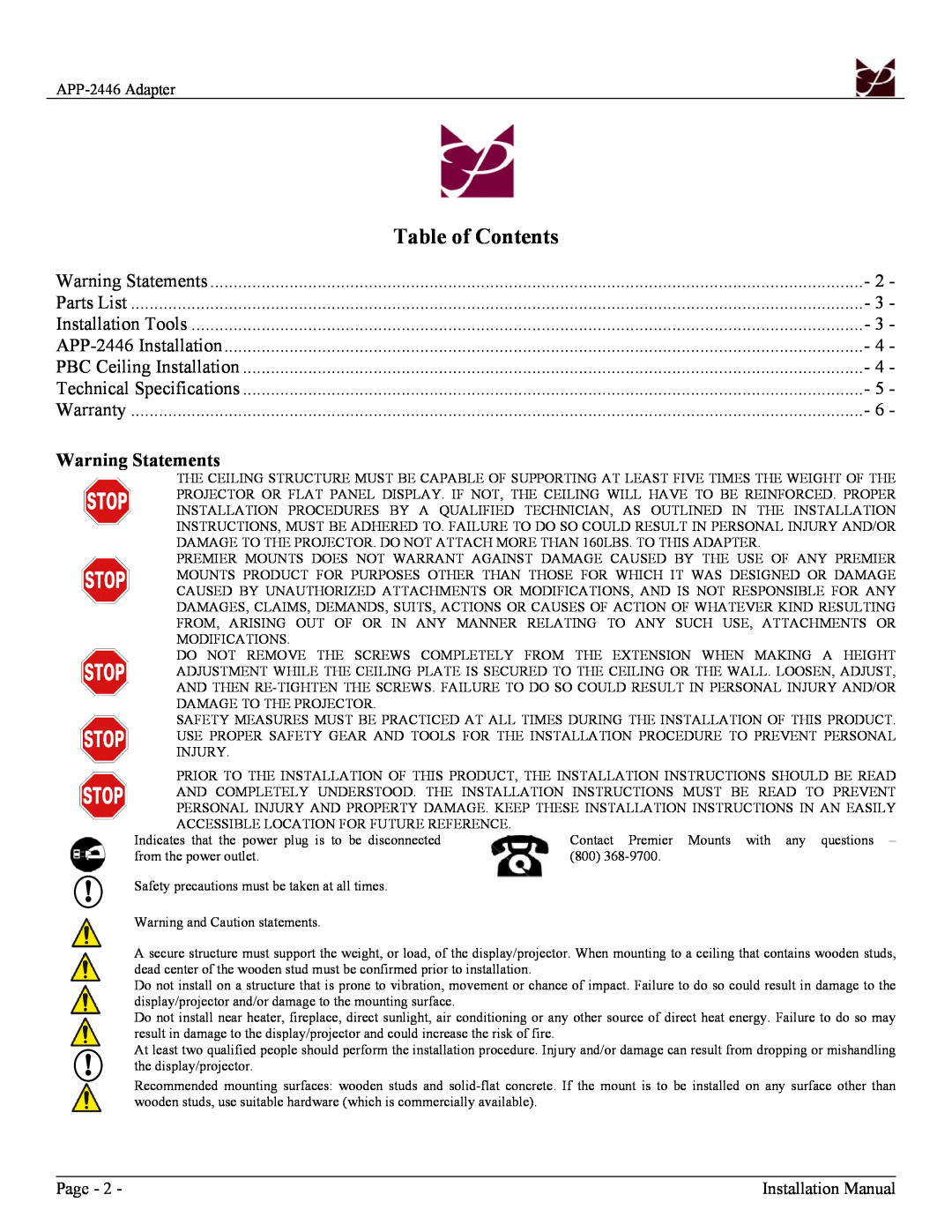 Premier Mounts APP-2446 installation instructions Table of Contents, Warning Statements, Page, Installation Manual 