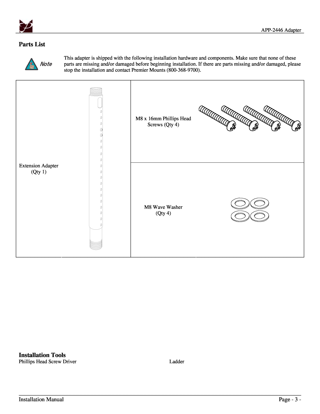 Premier Mounts APP-2446 installation instructions Parts List, Installation Tools, Installation Manual, Page 