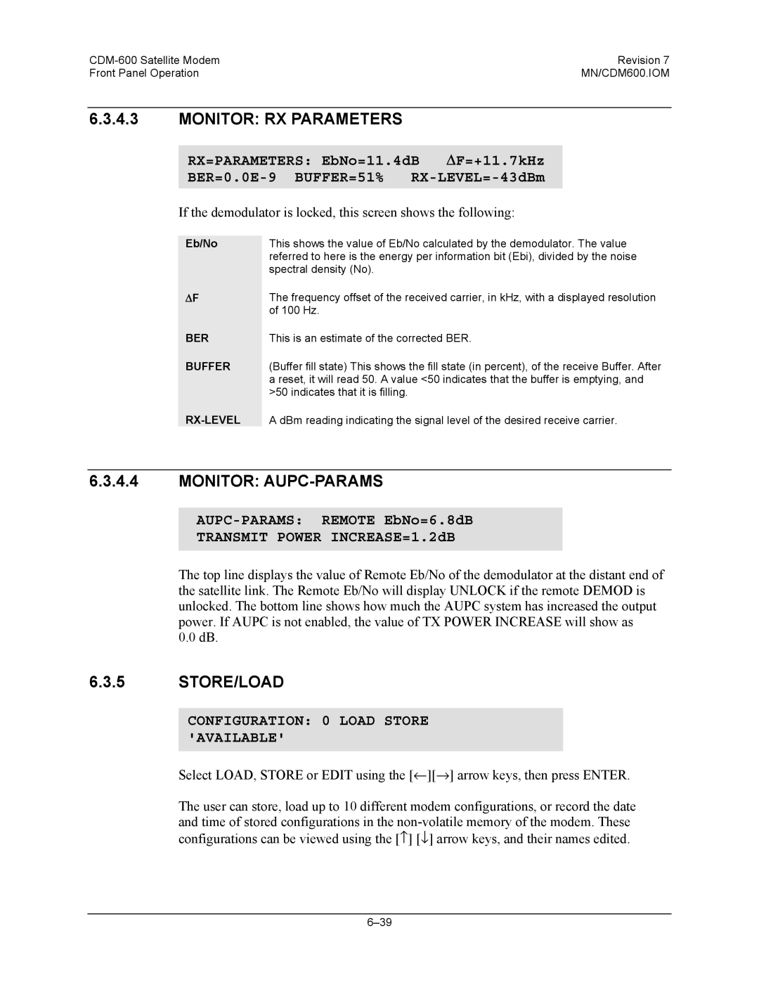 Premier Mounts CDM-600 Monitor RX Parameters, Monitor AUPC-PARAMS, Store/Load, Configuration 0 Load Store Available 