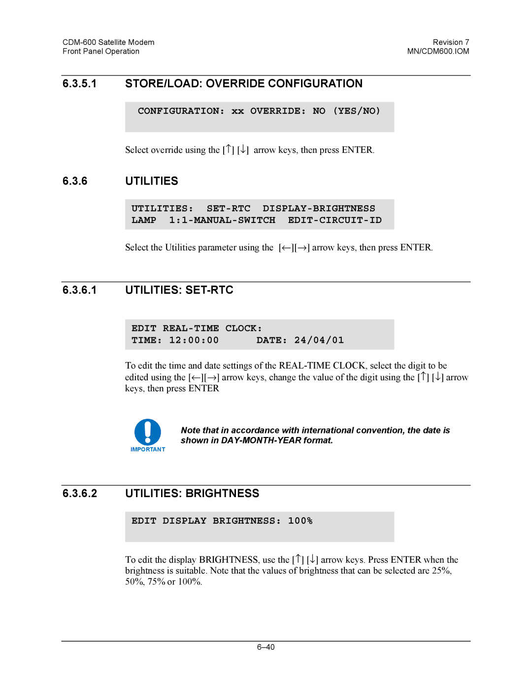 Premier Mounts CDM-600 specifications STORE/LOAD Override Configuration, Utilities SET-RTC, Utilities Brightness 