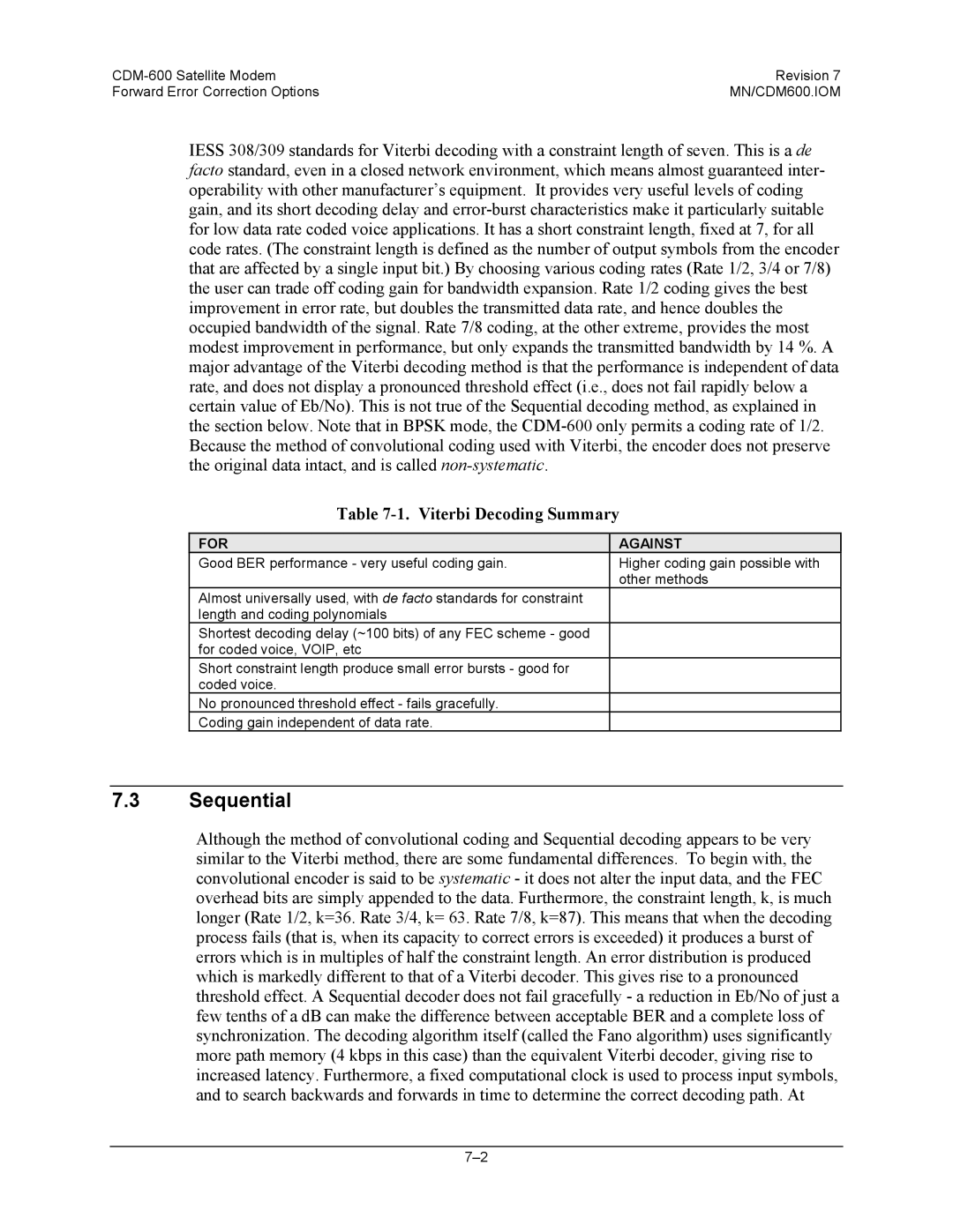 Premier Mounts CDM-600 specifications Sequential, Viterbi Decoding Summary, For Against 