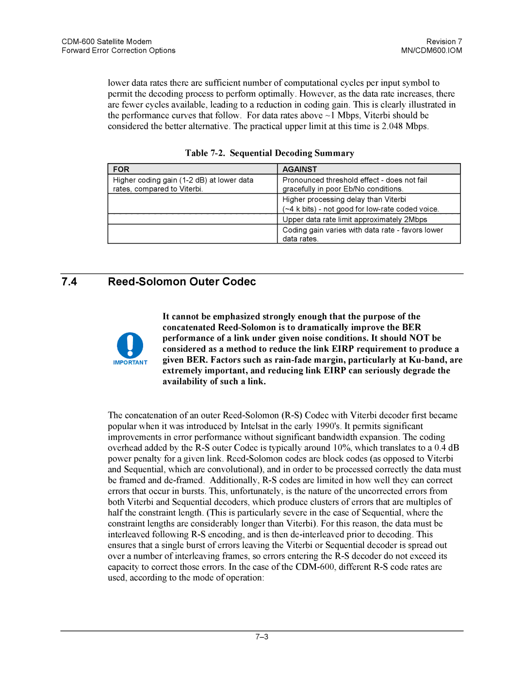 Premier Mounts CDM-600 specifications Reed-Solomon Outer Codec, Sequential Decoding Summary 