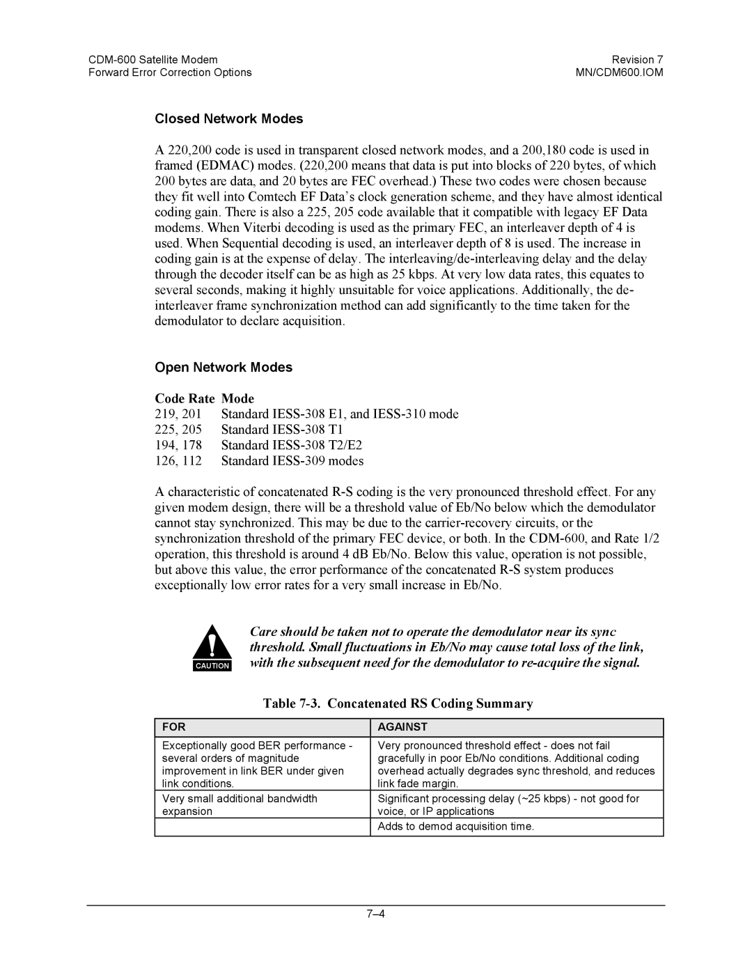 Premier Mounts CDM-600 specifications Code Rate Mode, Concatenated RS Coding Summary 