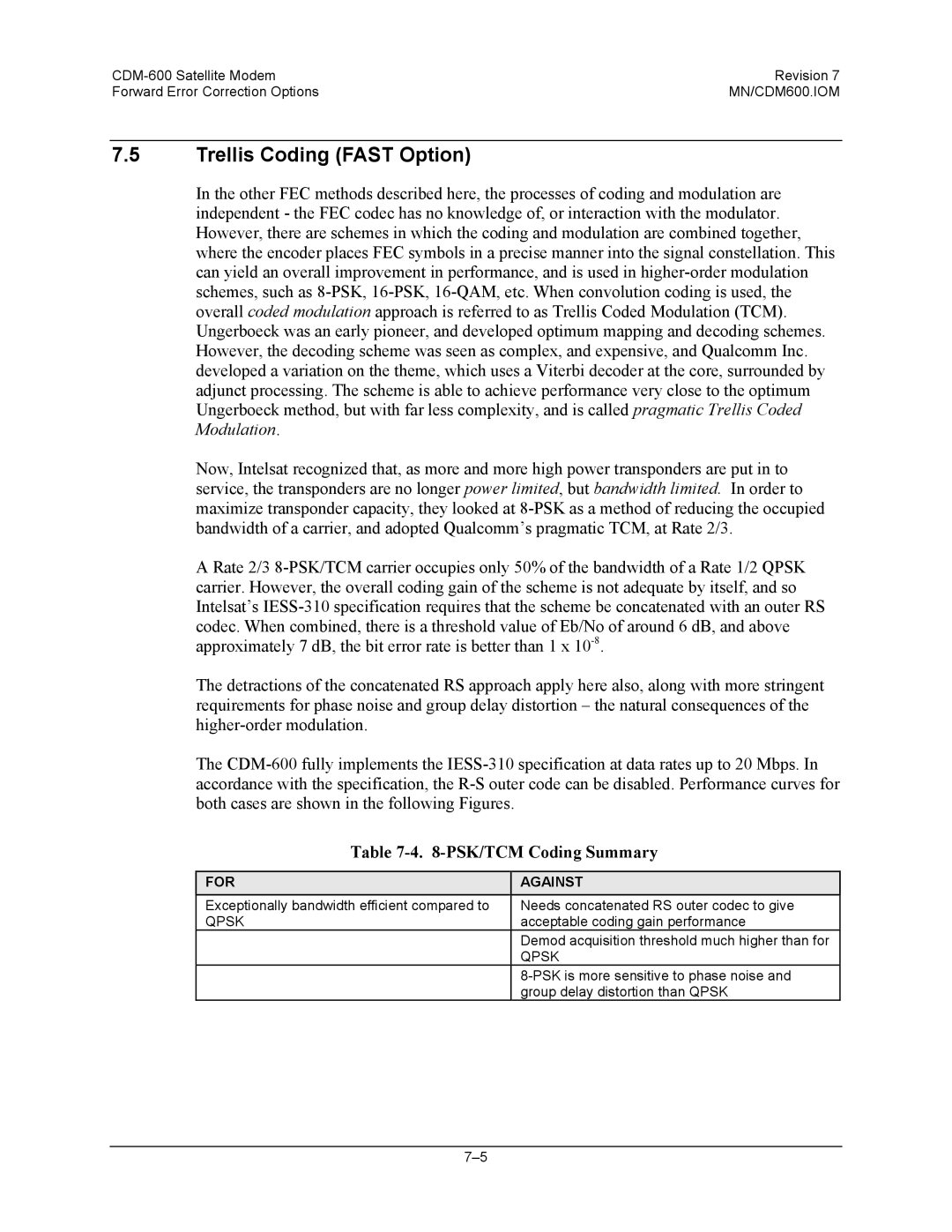 Premier Mounts CDM-600 specifications Trellis Coding Fast Option, PSK/TCM Coding Summary 