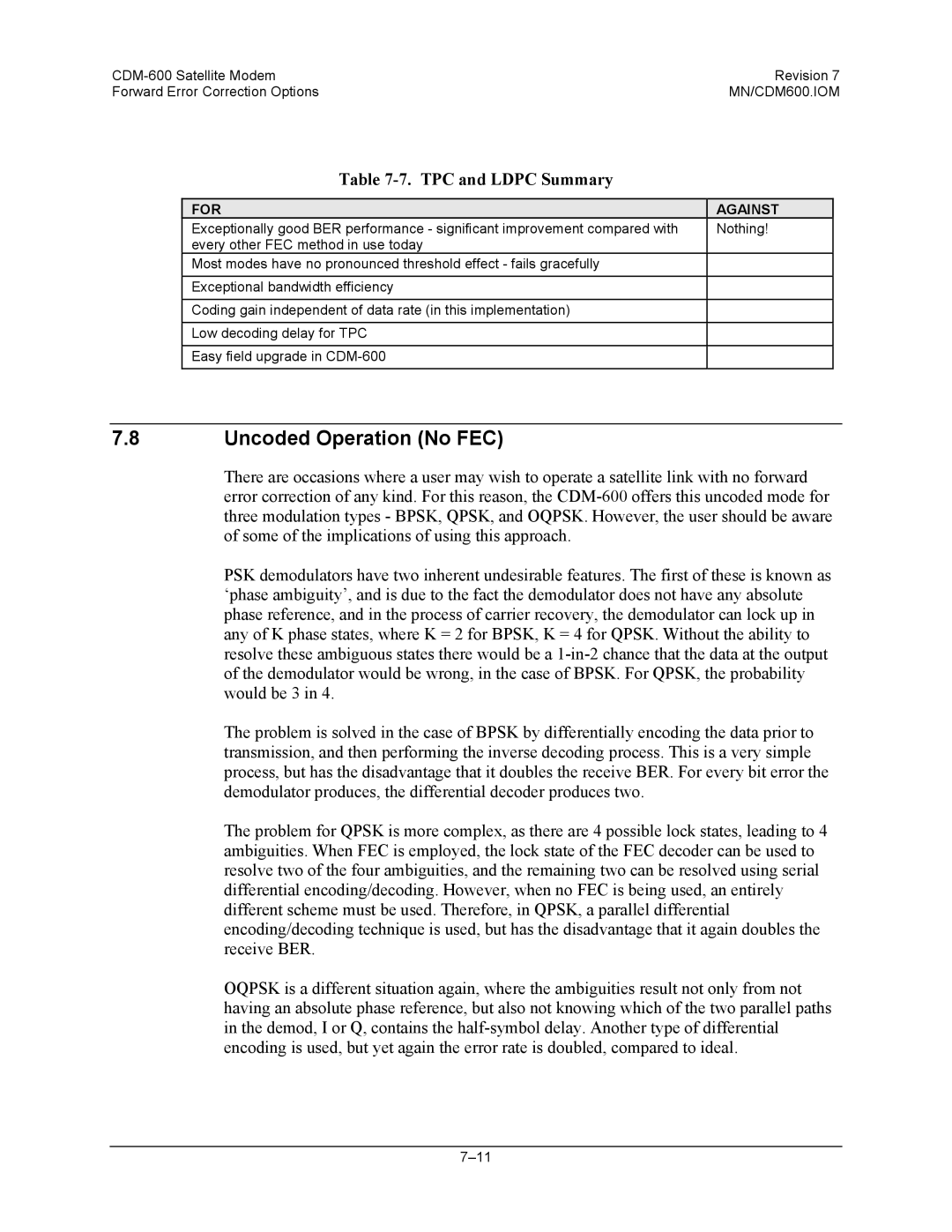 Premier Mounts CDM-600 specifications Uncoded Operation No FEC, TPC and Ldpc Summary 