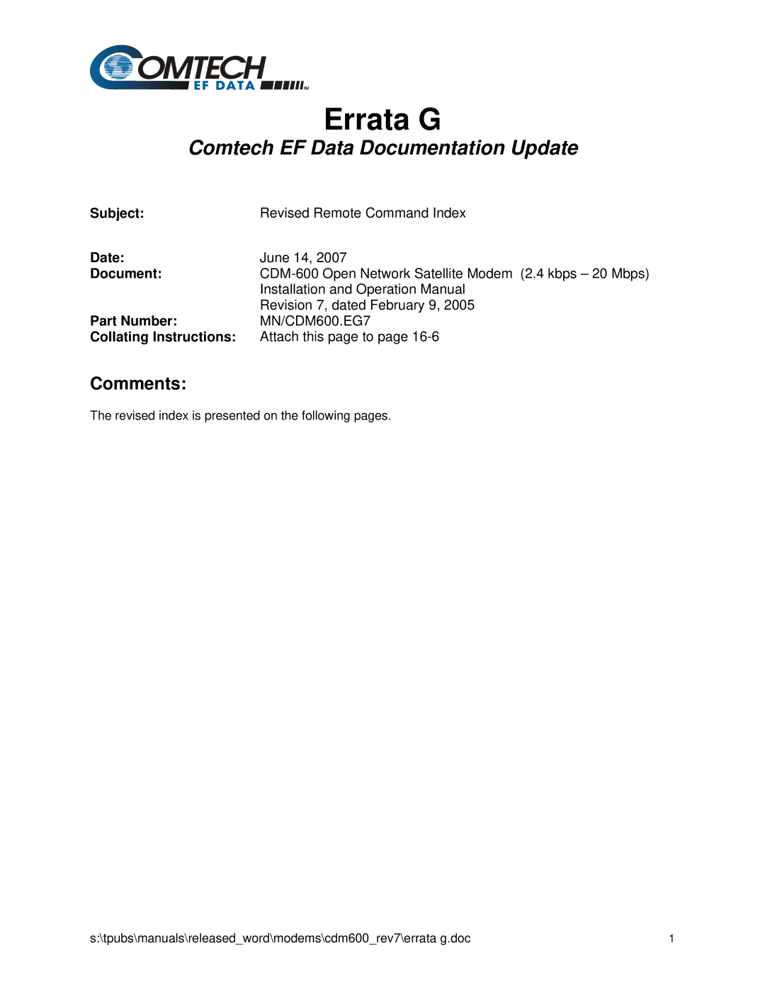 Premier Mounts CDM-600 specifications Errata G 