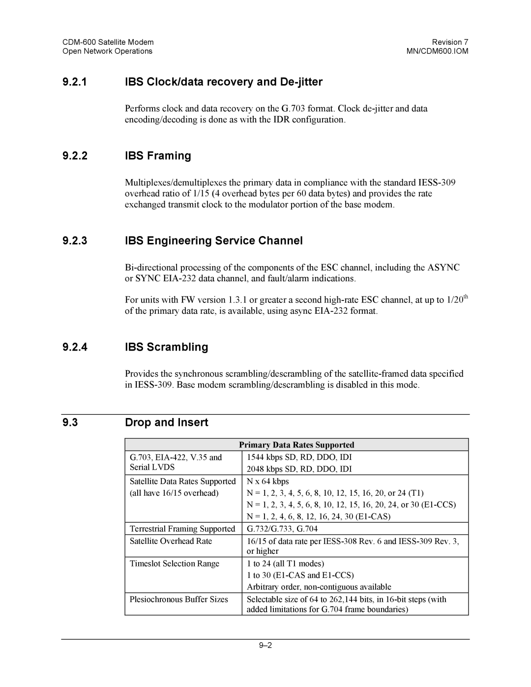 Premier Mounts CDM-600 IBS Clock/data recovery and De-jitter, IBS Framing, IBS Engineering Service Channel, IBS Scrambling 