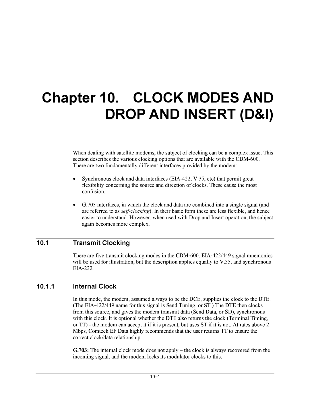 Premier Mounts CDM-600 specifications Clock Modes and Drop and Insert D&I, Transmit Clocking, Internal Clock 