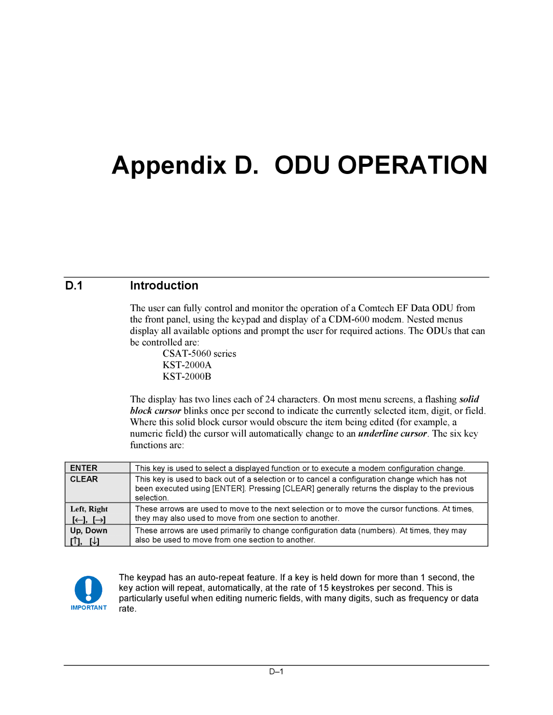 Premier Mounts CDM-600 specifications Appendix D. ODU Operation, Functions are 