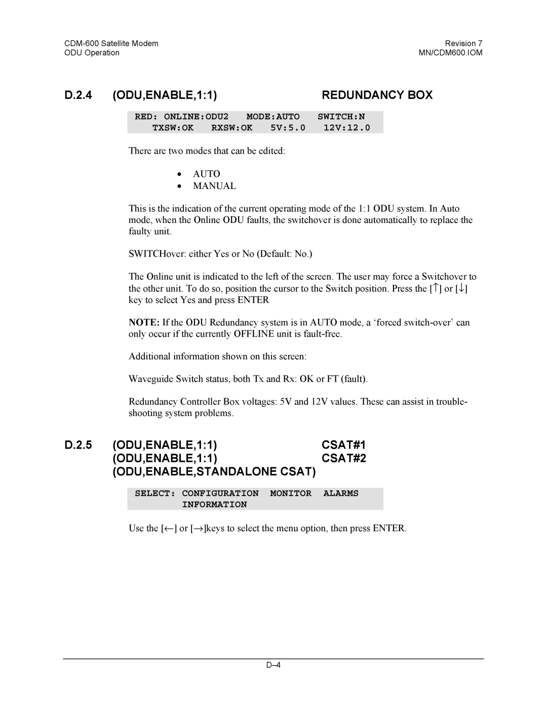 Premier Mounts CDM-600 specifications 4 ODU,ENABLE,11, Redundancy BOX, 5 ODU,ENABLE,11, CSAT#1 