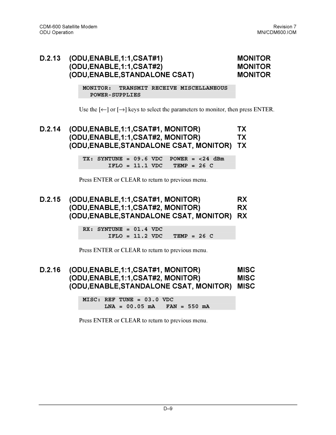 Premier Mounts CDM-600 specifications 13 ODU,ENABLE,11,CSAT#1, ODU,ENABLE,11,CSAT#2 Monitor ODU,ENABLE,STANDALONE Csat 