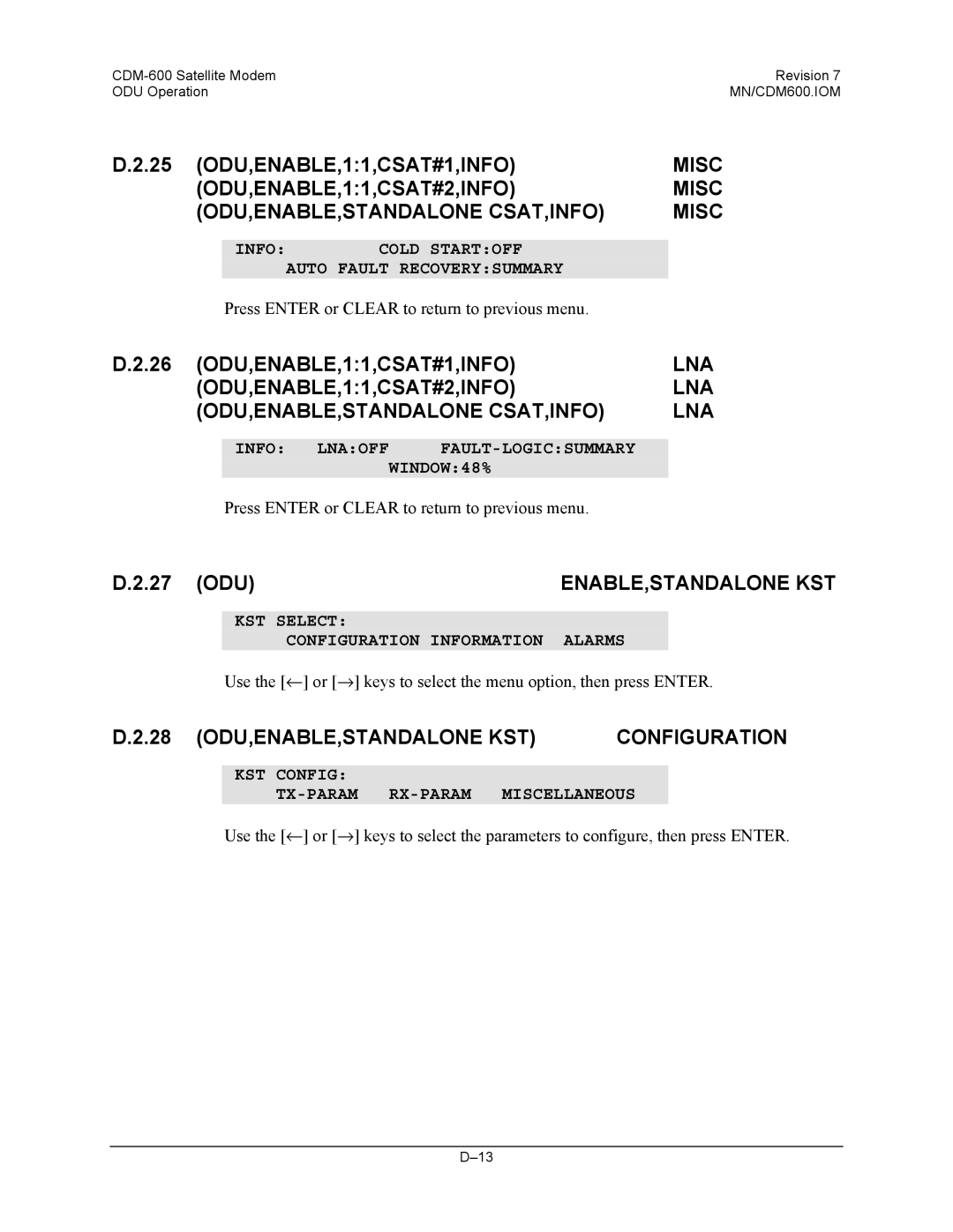 Premier Mounts CDM-600 specifications 27 ODU, Enable,Standalone Kst, 28 ODU,ENABLE,STANDALONE KST Configuration 