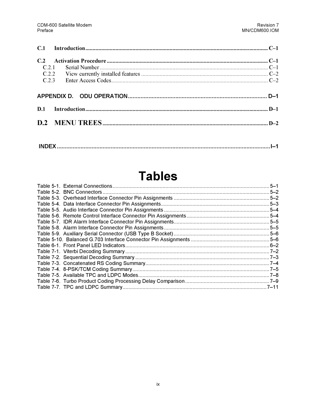 Premier Mounts CDM-600 specifications Tables, Appendix D. ODU Operation 