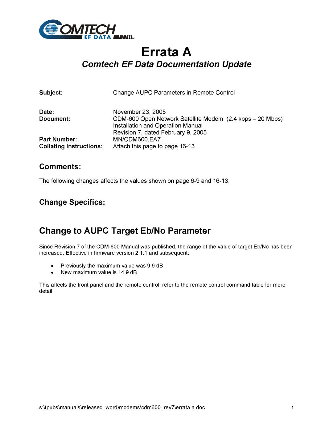 Premier Mounts CDM-600 specifications Errata a 